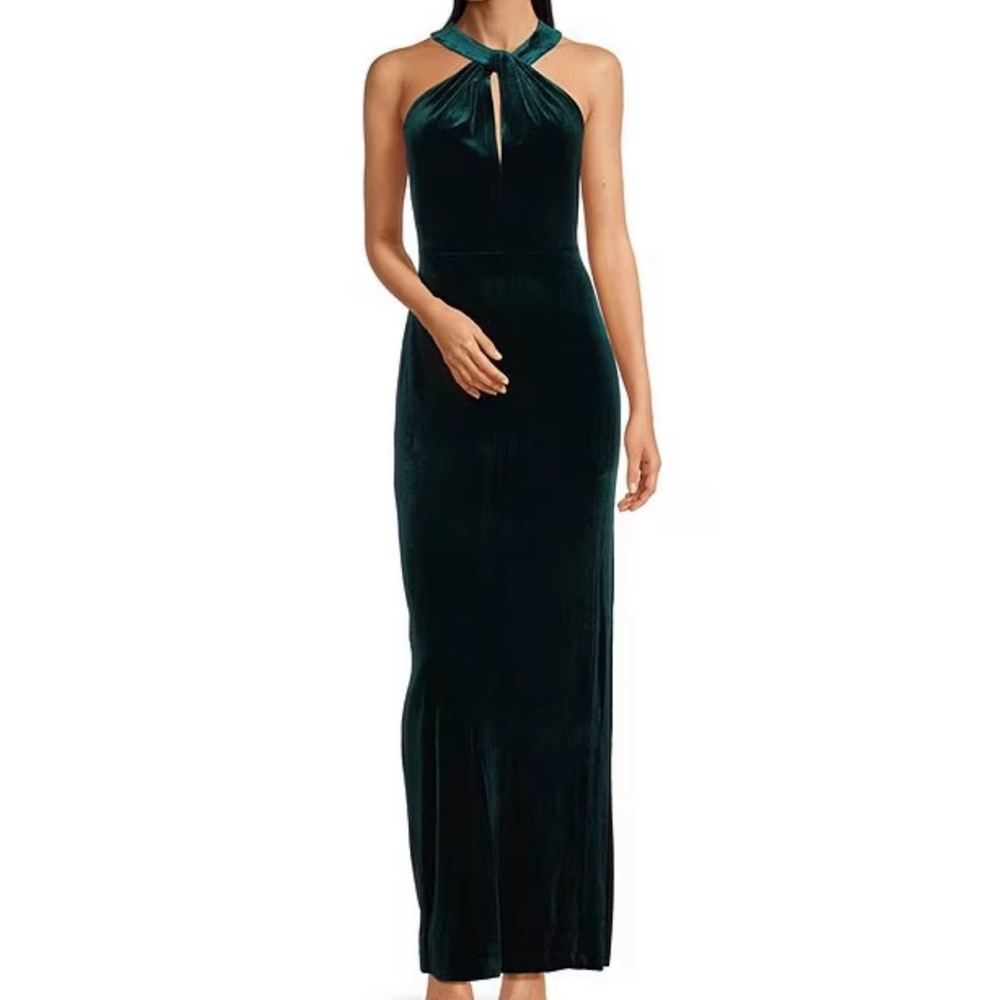 Belle Bartley Mischka Green velvet long gown with slit, new with tags